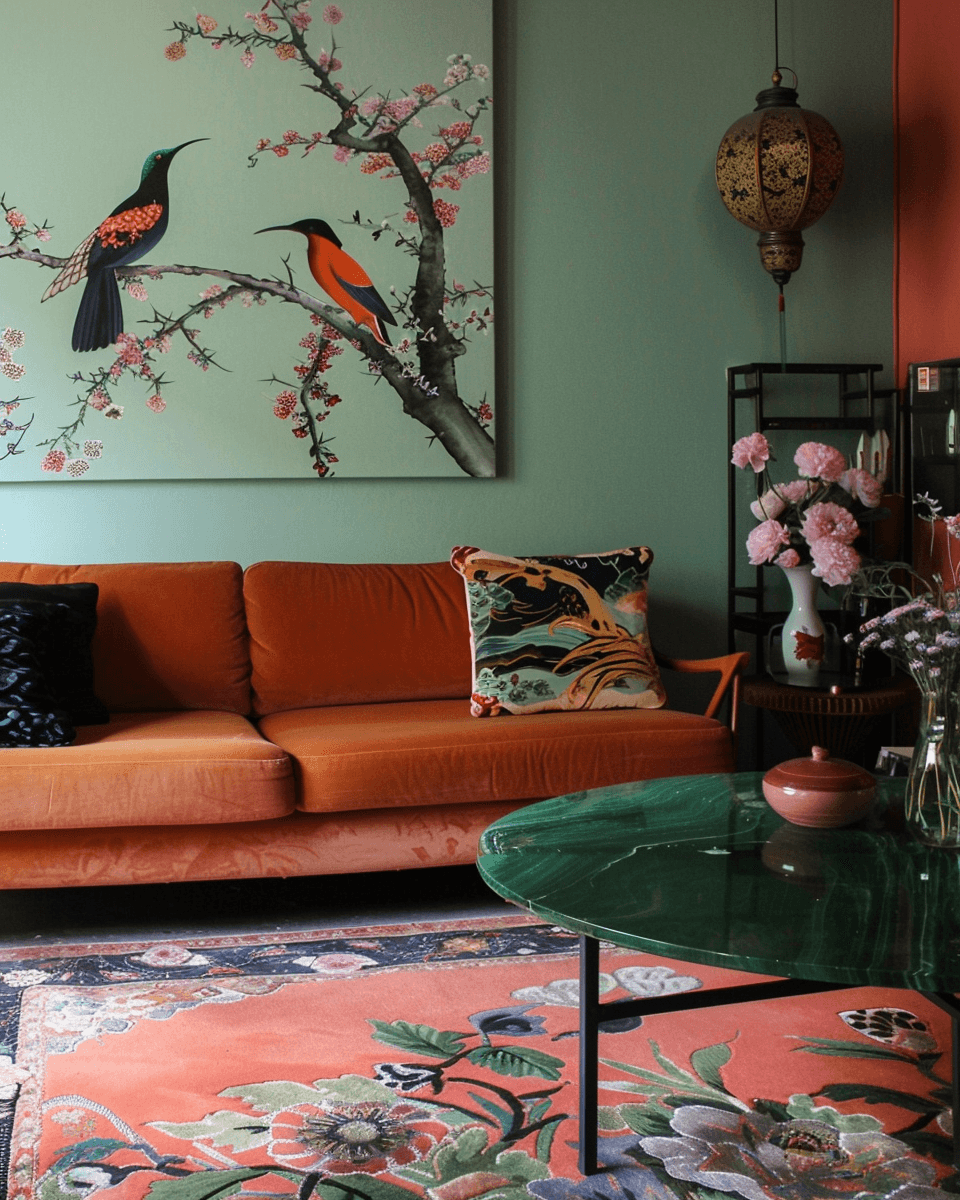 A living room in Egypt with an orange sofa, floral and black pillows, a green marble coffee table, and an oriental rug showcases expert property management and cozy, eclectic decor with bird wall art, pink flowers, and a decorative lantern.