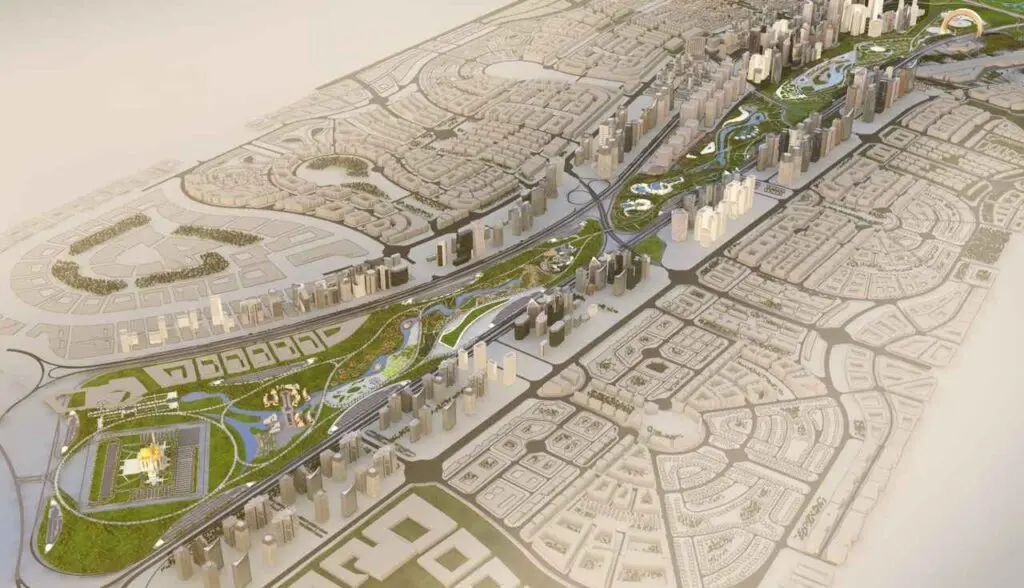 Scenic view of the Green River Park in the New Administrative Capital with lush greenery and walking paths